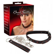 Bad Kitty Bad Kitty - szíves nyakörv, fém pórázzal (fekete-piros) póráz