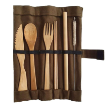  Bambusz Evőeszköz Készlet Tépőzáras Khaki Tokban tányér és evőeszköz