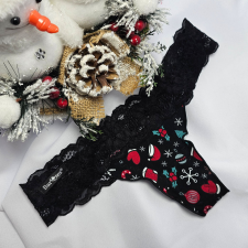 Barones Mikulásos-Karácsonyi tanga fekete-karácsonyfa mintás S női alsó