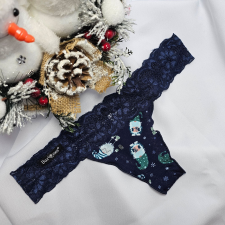 Barones Mikulásos-Karácsonyi tanga kék-manó mintás L női alsó