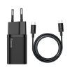 Baseus Super Si 1C 25W gyorstöltő adapter, USB-C-USB-C kábellel, 1m, fekete (TZCCSUP-L01) (TZCCSUP-L01)