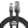 Baseus USB töltő- és adatkábel, Lightning, 100 cm, 2400 mA, kétoldalas, törésgátló, gyorstöltés, cipőfűző minta, Baseus Cafule Special Edition, CALKLF-GG1, fekete/szürke