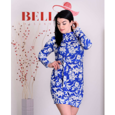 BellaKollektion Fodros nyakú fehér virágmintás kék ruha (S-L)