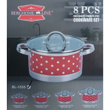 Berghome Line 8 db-os rozsdamentes edénykészlet üvegfedővel, piros, pöttyös edény