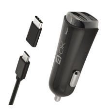 BLAUTEL 4-OK Autós 2x USB töltő (5V / 3400mA) + Type-C adapter + microUSB kábel - Fekete mobiltelefon kellék