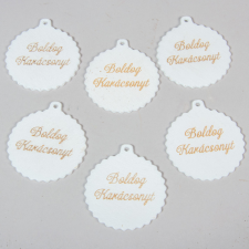  Boldog karácsony feliratos fodros gömb fehér 6cm 5db-os dekorációs kellék