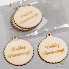  Boldog Karácsonyt fodros gömb natúr fa 5,5cm 5db-os dekorációs kellék