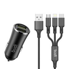 Budi Car Charger, 2x USB, 2.4A + 3in1 USB to USB-C / Lightning / Micro USB Cable (Black) mobiltelefon kellék