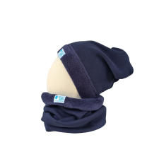  Bundás téli csősál, egyszínű, marine-kék babasapka, sál