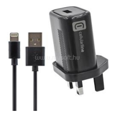 CELLULARLINE utazó töltő USB aljzat (12W, UK, földelt + lightning kábel) FEKETE (ACHKITMFI12WUKK) mobiltelefon kellék