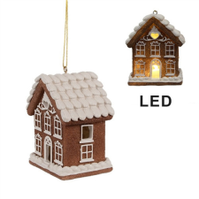 CLEEF.6PR4358 Mézeskalács házikó 8x6x10cm, LED-es műanyag függődísz karácsonyi dekoráció