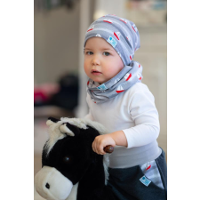  Csomós sapka kétrétegű extra, vitorlás, szürke-piros babasapka, sál