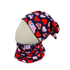  Csősál kétrétegű, szíves, kék-rózsaszín babasapka, sál