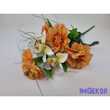  Dália-Orchidea 7 ágú selyem csokor fűszálakkal 49cm - Narancsos dekorációs kellék