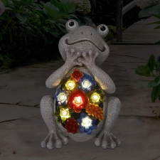 Deconline Garden Kerti figura Szolár béka lámpa, kőhatású, színes pozsgás növényekkel 23 cm dekorációs kellék