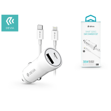 Devia szivargyújtós töltő adapter USB + Type-C bemenet - 5V/3A - Devia Smart Series Car Charger Type-C to Lightning Cable PD3.0 + QC3.0 - white mobiltelefon kellék