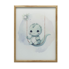 Dinazaur na huśtawce, 70x100 cm, rama aluminiowa czarna, papier matowy 230 gsm grafika, keretezett kép