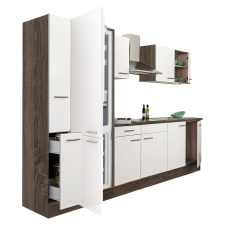 Dinewell Yorki 300 konyhablokk yorki tölgy korpusz,selyemfényű fehér fronttal alulfagyasztós hűtős szekrénnyel bútor