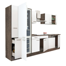 Dinewell Yorki 310 konyhablokk yorki tölgy korpusz,selyemfényű fehér fronttal alulfagyasztós hűtős szekrénnyel bútor