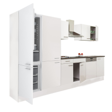 Dinewell Yorki 340 konyhablokk fehér korpusz,selyemfényű fehér fronttal polcos szekrénnyel és alulfagyasztós hűtős szekrénnyel bútor