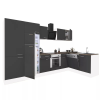 Dinewell Yorki 340 sarok konyhablokk fehér korpusz,selyemfényű antracit front alsó sütős elemmel polcos szekrénnyel, felülfagyasztós hűtős szekrénnyel