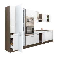 Dinewell Yorki 360 konyhablokk yorki tölgy korpusz,selyemfényű fehér fronttal alulfagyasztós hűtős szekrénnyel bútor