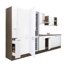 Dinewell Yorki 360 konyhablokk yorki tölgy korpusz,selyemfényű fehér fronttal polcos szekrénnyel és alulfagyasztós hűtős szekrénnyel bútor