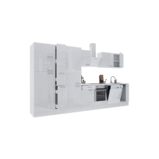 Dinewell Yorki 370 konyhablokk fehér korpusz,selyemfényű fehér front alsó sütős elemmel polcos szekrénnyel és felülfagyasztós hűtős szekrénnyel bútor