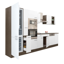Dinewell Yorki 370 konyhablokk yorki tölgy korpusz,selyemfényű fehér fronttal alulfagyasztós hűtős szekrénnyel bútor