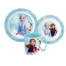 Disney Jégvarázs étkészlet, micro műanyag szett 350 ml bögrével, világoskék babaétkészlet
