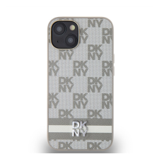 DKNY PU Leather Checkered Pattern and Stripe Apple iPhone 15 hátlap tok, bézs tok és táska