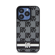 DKNY PU Leather Checkered Pattern and Stripe Apple Iphone 15 Pro tok, fekete tok és táska