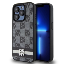 DKNY PU Leather Checkered Pattern and Stripe tok iPhone 15 Pro készülékhez fekete tok és táska