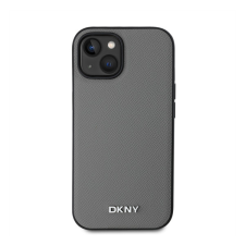 DKNY PU Leather Silver Metal Logo iPhone 15 MagSafe tok, szürke tok és táska