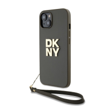 DKNY PU Leather Stack Logo Apple iPhone 14 hátlap tok csuklópánttal, barna tok és táska