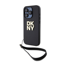 DKNY PU Leather Stack Logo Apple iPhone 14 Pro hátlap tok csuklópánttal, fekete tok és táska