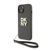 DKNY PU Leather Stack Logo Apple iPhone 15 hátlap tok csuklópánttal, barna