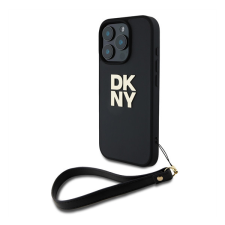 DKNY PU Leather Stack Logo iPhone 16 Pro tok csuklópánttal, fekete tok és táska