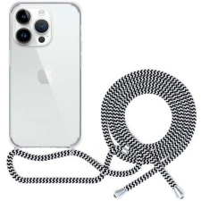 Epico Spello Crossbody nyakpánttal ellátott védőtok iPhone 15 Plus számára, átlátszó/fekete-fehér zsinór tok és táska