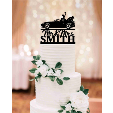 Esküvői tortadísz autós – névre szóló dekorációs kellék