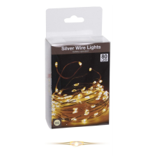  Ezüst drótkábeles fényfüzér 80 LED-es elemes (elem nélkül) meleg dekorációs kellék