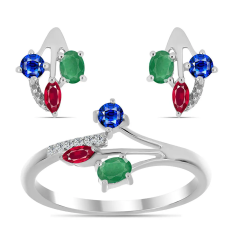  Ezüst Szett Madagaszkári Rubinnal és Brazil Smaragddal ( Fülbevaló+Gyűrű ), Y62134/57 gyűrű