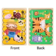  Fa puzzle csíkok - kétoldalas - Háziállatok és vadállatok fajáték