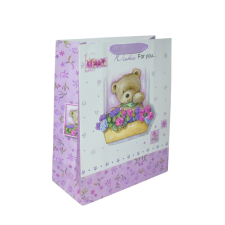 Fakopáncs Ajándéktasak - közepes (lila-fehér alapon, maci az ablakban virágokkal) party kellék