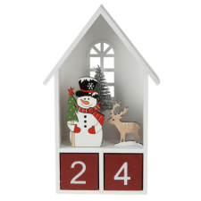 Fakopáncs Dekorációs figura, adventi naptár (fehér házikóban hóember, piros számkockákkal) karácsonyi dekoráció