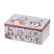 Fakopáncs Karácsonyi fém díszdoboz (közepes téglalap alapú, hóember-pingvin) karácsonyi dekoráció
