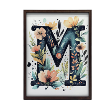 FALI PLAKÁT FEHÉR KERETBEN M BETŰ VIRÁGOK LEVELEK 30x40 CM grafika, keretezett kép
