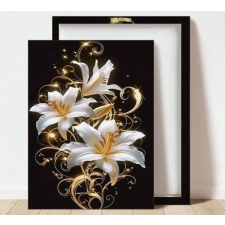 Fali vászonkép kerettel, Quanhuibaihuo - Fehér liliomok fekete háttérrel 34x25,5x1,5 cm grafika, keretezett kép