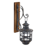  Falikaros lampion mécsestartó fekete fém üvegbúrás lámpás falra szerelhető fa konzolon 42x16x27cm