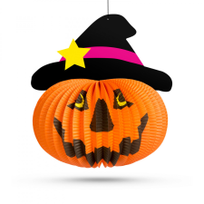 Family Halloween-i tökös lampion - kalapban - akasztható - 26 cm dekoráció